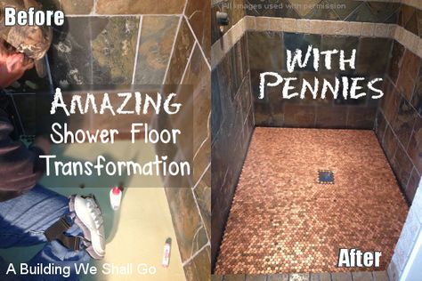 DIY shower floor redo | How to make a beautiful shower floor with pennies.  Create a new, fancy, unique and gorgeous shower floor with pennies! The project only costs $54, but looks like a million bucks! Love it! Diy Shower Floor, Penny Floor, Amazing Showers, Unique Shower, Diy Shower, Bathroom Redo, Bathroom Floor, Bath Remodel, Shower Floor