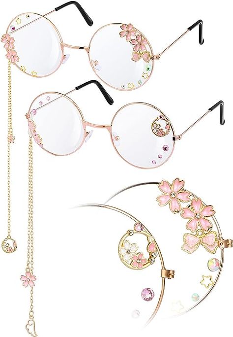 Konohan 2 Pairs Kawaii Glasses With Chain Cosplay Cute Eyeglass Accessories Round Wire Sakura Sunglasses Gothic Pendant Eyeglasses for Women Girls Dressing up, Gold and Rose Gold at Amazon Women’s Clothing store Glasses With Chain, Kawaii Glasses, Fake Glasses, Eyeglass Accessories, Gothic Pendant, Cosplay Cute, Clothing Design Sketches, Cute Glasses, Girls Dress Up