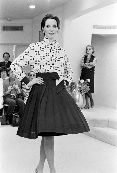 A look from Pauline Trigere Spring 1974 Ready to Wear Collection. Pauline Trigere, Ageless Style, Ready To Wear Collection, Looking Back, Skater Skirt, Fashion News, High Waisted Skirt, Take A, Ready To Wear