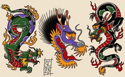 Traditional dragon tattoo flash design New School Dragon Tattoo, Traditional Dragon Tattoo Flash, Old School Dragon Tattoo, American Traditional Dragon, Desain Tattoo, Traditional Dragon Tattoo, Traditional Tattoo Dragon, Dragon Tattoo Drawing, Traditional Dragon