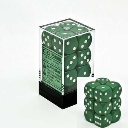 Chessex Opaque 16mm D6 Green W/White Dice Block 12 Pipped Dice Large Chess Set, 6 Sided Dice, Clear Box, Dice Set, Chess Set, Roleplaying Game, Toys Games, Decorative Boxes, Candle Holders