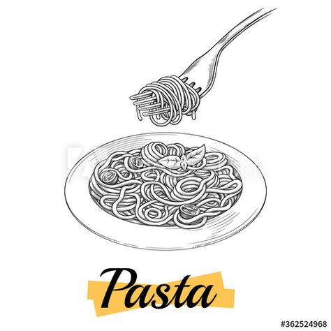 Spaghetti on a plate, fork with spaghetti Vector vintage black engraving isolated on a white background. Italian pasta. A hand-drawn design element for the menu. Contour, mascara. Vector illustration. Italian Pasta Tattoo, Pasta Fork Illustration, Pasta Fork Tattoo, Pasta Drawing Illustration, Pasta Tattoo Ideas, Spaghetti Tattoo, Spaghetti Drawing, Spaghetti Illustration, Pasta Drawing