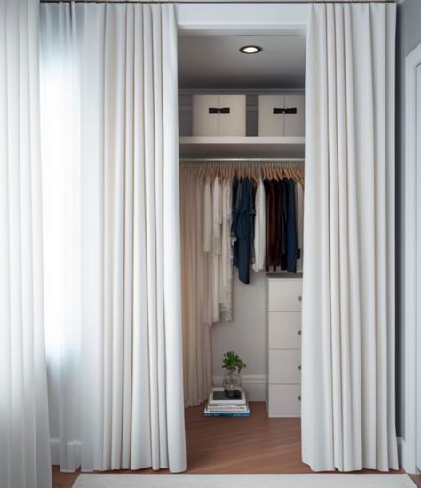 Alternatives To Closet Doors, Curtain For Closet Door Bedroom Ideas, French Closet Door, Alternative Closet Door Ideas, Curtain Wardrobe Doors, Instead Of Closet Doors, Closets Without Doors Ideas, Closet Door Alternatives, Closet Door Alternative