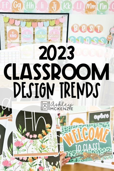 A classroom decorated with a marbled pastel theme, alphabet posters shown in a wildflowers theme, and a "Welcome to Class" sign featuring a modern jungle design. Class Decor Theme, Classroom Themes For Prek, New Classroom Themes 2023, New Classroom Themes 2024, Trending Classroom Themes, Classroom Themes For Toddlers, Classroom Decor 2024-2025, Intermediate Classroom Decor, Classroom Decor 2023-2024