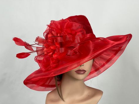 "Vogue hats are perfect for horse racing events, church, the Kentucky derby, weddings, garden tea parties and charity events. There is a tie on the inside of the hat that helps adjust the size from large to small. 100% Brand new, hand made and high quality. One size hat (20\"-22\") Thank you very much for shopping at my shop. Have a great day." Hat Tea Party, Tea Hats, Fascinator Wedding, Derby Horse, Derby Hats Fascinators, Church Hat, Hat Fascinator, Organza Wedding, Tea Party Hats