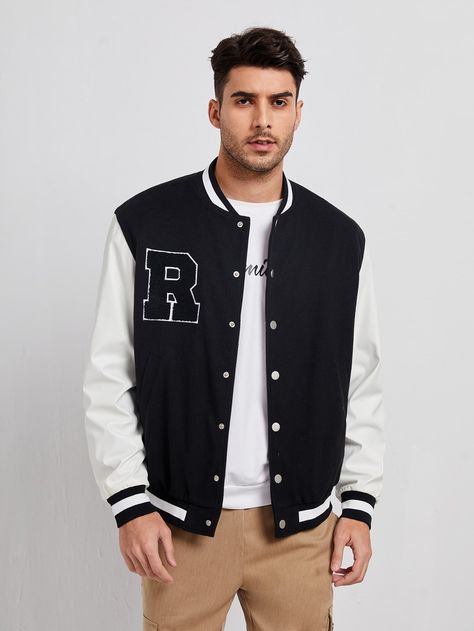 Black Preppy  Long Sleeve Wool-Like Fabric Letter,Striped Bomber Embellished Non-Stretch Fall/Winter Men Outerwear Jersey Jacket Outfit, Varsity Outfit, White Jacket Outfit, Bershka Jacket, Varsity Jacket Outfit, Stylish Hoodies, Varsity Jacket Men, Jersey Jacket, Letterman Jacket