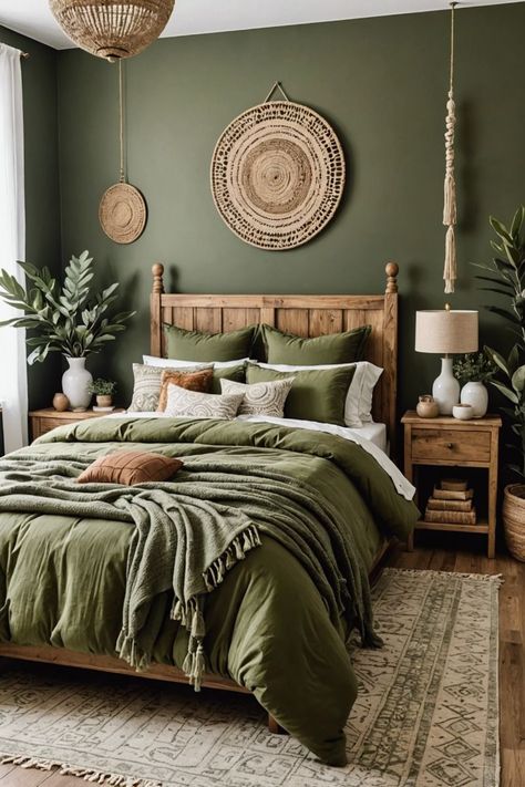 Cozy Earthy Home, Boho Bedroom Green, Green Room Ideas Bedroom, Baddie Apartment, Appeal Letter, Earthy Bedroom, Sage Green Bedroom, Bold Decor, Bedroom Decor Cozy