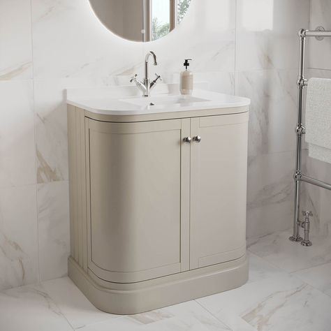 Harvey George Vanity Unit, Curved Vanity Unit, Sink And Toilet Vanity Unit, Beige Small Bathroom, Small Beige Bathroom, Beige Vanity, Vanity Unit Bathroom, Curved Vanity, Bathroom Basin Cabinet