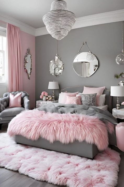 Womens Pink Bedroom Ideas, Pink And Grey Home Decor, Pink Cute Room Ideas, Pink House Decor Interiors, Grey And Pink Room Ideas Bedroom, Girly Pink Bedroom Aesthetic, Bedroom Inspirations Girly, Pink And Silver Room Ideas, Grey Pink Bedroom Ideas