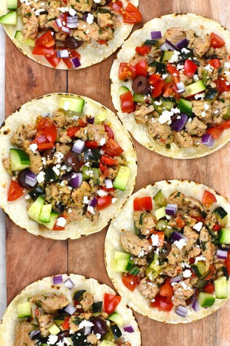 Try these delicious and healthy Mediterranean Chicken Tacos for a fusion of flavors. Made in under 30 minutes, they're perfect for busy weeknights! Mediterranean Tacos, Healthy Mediterranean Chicken, Ground Chicken Recipes Easy, Healthy Mexican Casserole, Ground Chicken Tacos, Chicken Recipes Easy, Teriyaki Chicken And Rice, Ground Chicken Recipes, Lemon Rice