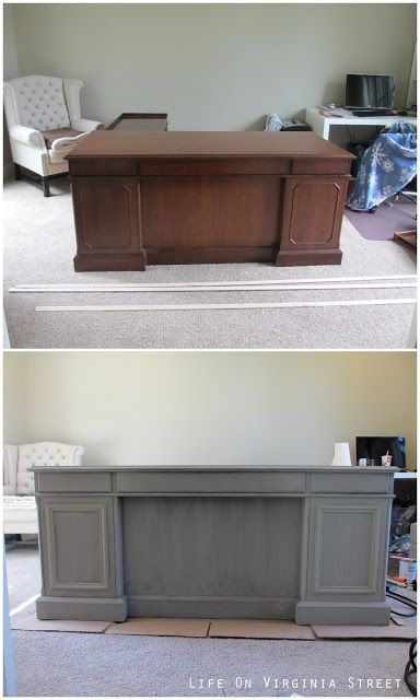 Office desk makeover with Annie Sloan Chalk Paint in French Linen Office Desk Makeover, Office Desk Organization, Desk Makeover Diy, Desk Redo, Cheap Office Furniture, Diy Muebles Ideas, Brown Rooms, Painted Desk, Desk Makeover