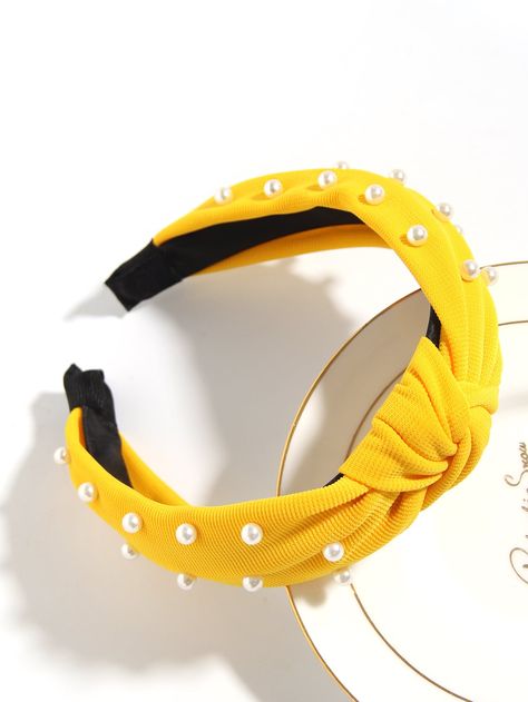 Chanel Headband, Striped Hair, Yellow Headband, Body Accessories, Yellow Accessories, Embellished Headbands, Yellow Pearl, Pearl Decor, Wide Headband