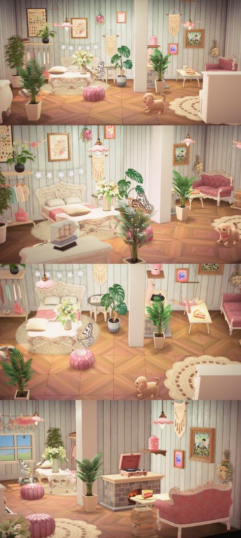 Animal Crossing Audie House Ideas, Flora House Animal Crossing, Acnh Girly Room, Bedrooms Animal Crossing, Cute Acnh Bedroom Ideas, Acnh Fairy Bedroom, Acnh Pastel House, Animal Crossing Boho Island, Fairycore Aesthetic Acnh