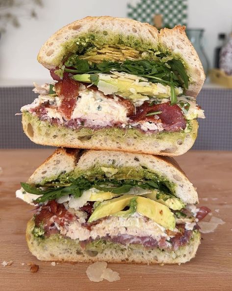 Hardly a recipe and more an assembly - shredded roast chicken, bacon sandwich with prosciutto, crispy bacon, rocket and pesto. Ready Salted Crisps, Shredded Roast, Sandwich With Pesto, Chicken Bacon Sandwich, Basil Pesto Chicken, Mozzarella Sandwich, Pesto Sandwich, Red Pesto, Roast Chicken Leftovers