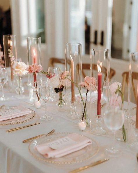 Southern Wedding Decorations, Taper Candle Centerpiece, Blush Wedding Reception, Pink Taper Candles, Taper Candles Wedding, Wedding Reception Tables Centerpieces, Pink Tablescape, Everything Is Beautiful, Candle Table Decorations