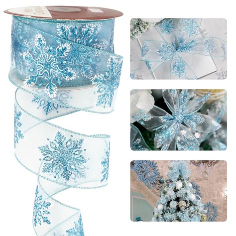 PRICES MAY VARY. ❄️ Pattern Designs-This Christmas ribbon with glitter blue and white snowflakes print on white sheer ribbon. The light blue and white color scheme and snowflake design evoke a sense of enchantment, ideal for crafting bows, decorating smaller trees, and adding a touch of winter wonder to your Christmas holiday projects. 🎄 Size & Package-The snowflake wired ribbon measures 2.5 inch wide and 25yards (75 feet ) continuous long each roll, perfect size for your various decorative cra Ribbon For Tree, Tree Top Bow, Ribbon For Christmas Tree, Tree Bows, Making Wreaths, Christmas Wired Ribbon, Wreath Making Supplies, Ribbon On Christmas Tree, Snowflake Decorations