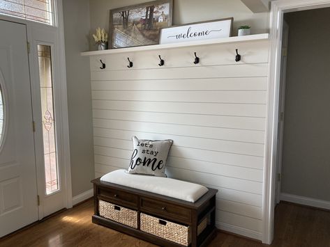 Front Entryway Ideas Shiplap, Shiplap Great Room Wall, Waynes Coating And Shiplap, Large Shiplap Wall Living Room, Shiplap With Shelf On Top, Shiplap Drop Zone, Shiplap Front Entry, Vertical Shiplap Wall Entryway, Shiplap Coat Rack Wall