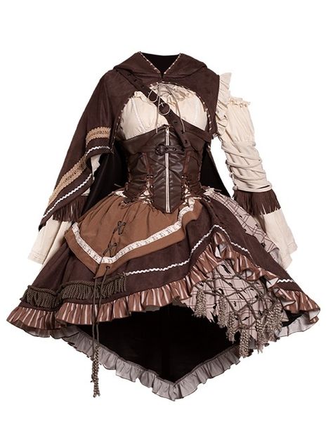 Hunter Series Pirate Style Steampunk PU Belt Apricot Splicing Brown Drawstring Straps Dress OP Hooded Cloak Set Mode Steampunk, Fair Outfits, Pirate Fashion, Style Steampunk, Dress Design Sketches, Steampunk Clothing, Fashion Inspiration Design, Steampunk Fashion, Fantasy Clothing