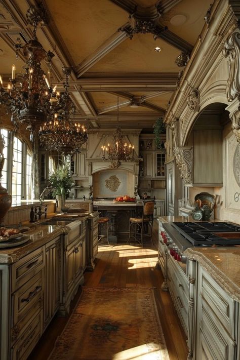 Old world aesthetic kitchen design Kitchen Interior Old Style, English Country Estate Kitchen, Old Fashion Interior Design, English Manor Houses Interior Kitchen, Traditional European Kitchen, Old Money Aesthetic Kitchen, English Manor Kitchen, Royal Kitchen Aesthetic, Castle Aesthetic Kitchen