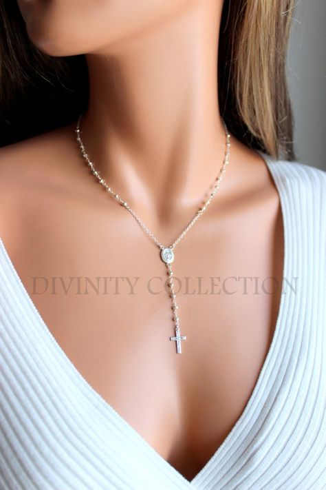 Catholic Jewelry Necklace, Rosary Inspired Necklace, Beaded Crosses, Rosary Necklaces, Gold Rosary Necklace, 14kt Gold Jewelry, Cross Necklace Women, Silver Rosary, Gold Rosary