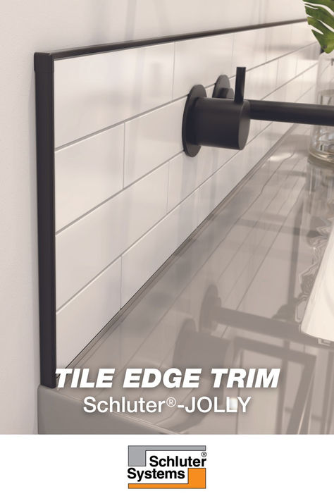 Protect your tiled walls and backsplash with elegant, efficient tile edge trim profiles from Schluter®-Systems. Available in a range of colors, finishes, and shapes, you'll find the profile that's perfect for your project. Trim Profiles, Kerdi Board, Washroom Ideas, Schluter Systems, Gray Interiors, Tile Edge Trim, Tile Board, Tile Edge, Tile Trends