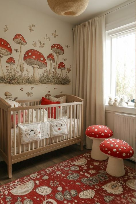 Woodland Nursery Mushrooms, Fairy Mushroom Nursery, Over The Garden Wall Nursery, Woodland Mushroom Nursery, Toadstool Nursery, Mushroom Nursery Theme, Mushroom Themed Nursery, Mushroom Nursery Decor, Mushroom Baby Nursery