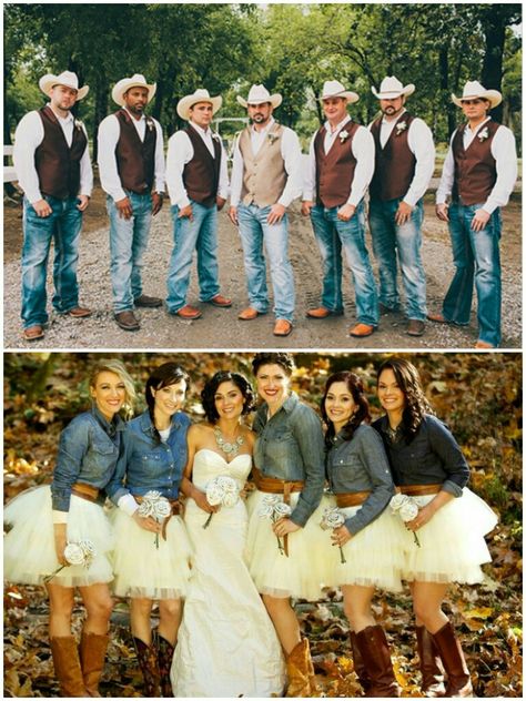 Fall rustic wedding groomsmen bridesmaids Country Wedding Bridesmaids, Rustic Wedding Dresses Country, Country Bridesmaid, Rustic Wedding Groomsmen, Country Bridesmaid Dresses, Country Dress, Country Wedding Inspiration, Country Style Wedding, Cowboy Wedding