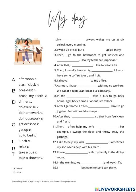 Days Worksheet, Daily Routine Worksheet, Presente Simple, Materi Bahasa Inggris, Writing Editing, English Teaching Materials, Students Day, English Exercises, Learn English Grammar