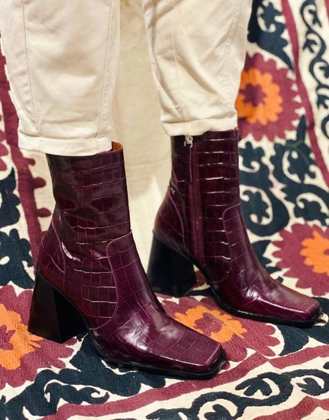 Burgundy Croc Leather Boots from @thenookstore Snake Boots, Crocs Boots, Croc Leather, High Water, Spring 2024, Shoe Lover, Leather Material, Wedge Boot, Me Too Shoes