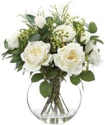 white roses in a short arrangement Artificial Arrangements, Box Arrangement, Pot Flowers, Home Decor Floral Arrangements, Modern Floral Arrangements, Fake Flower Arrangements, Arranging Flowers, Flowers And Greenery, Favourite Flowers