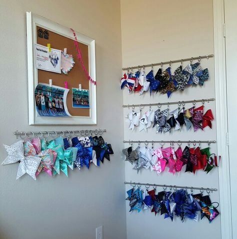 Our cheer bow organizer. Cheer bow holder. No more bent tails! Cheer Bow Holder, Cheer Gear, Bow Storage, Cheerleading Bows, Bow Organizer, Cheer Hair, Cheer Coaches, All Star Cheer, Cheer Gifts