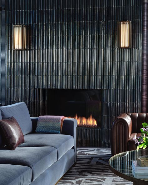 N • Instagram Black Fireplace Wall, Slate Fireplace Surround, Black Fireplace Surround, Black Brick Fireplace, Adam Hunter, Black Painted Walls, Moody Living Room, Black Brick Wall, Painted Brick Fireplaces