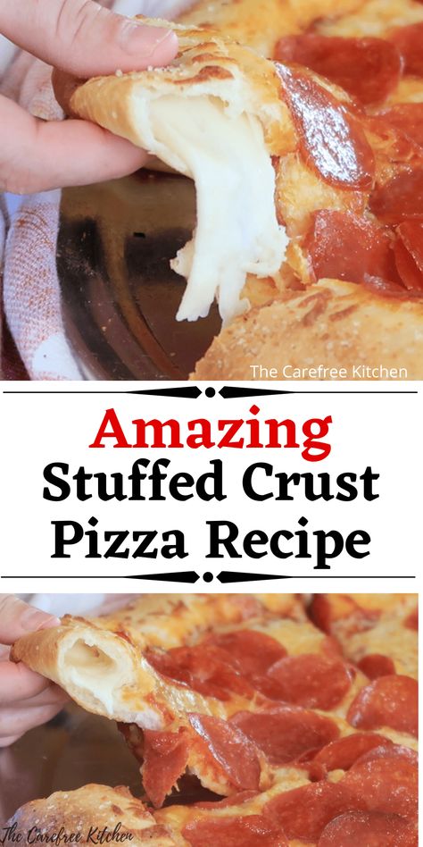 Easy Homemade Stuffed Crust Pizza Recipe Best Homemade Stuffed Crust Pizza, Homemade Cheese Stuffed Crust Pizza, Easy Stuffed Crust Pizza, Homemade Pizza Premade Dough, Stuff Crust Pizza Homemade, Diy Stuffed Crust Pizza, Pizza Hut Stuffed Crust, Stuffed Crust Pizza Dough Recipe, Stuffed Crust Pizza Pillsbury