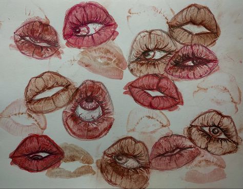 Lipstick Eyes Art, Lips And Eyes Drawing, Lipstick Eyeball Drawing, Lipstick Drawing Ideas, Lips With Eyeball Drawing, Lipstick Kiss Eye Drawing, Eye Lips Drawing, Lip Print Drawing, Kiss Eyes Art