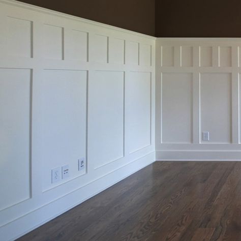 Wainscoting contrasted with dark brown walls; a craftsman look for the office. Coffered ceiling to finish the room Featuring WindsorONE S4SSE Trim Boards. credit: Compton Homes in AL Bathroom Wainscotting, Easy Board And Batten, Craftsman Wainscoting, Brown Ceiling, Wainscoting Living Room, Wainscoting Height, Wainscoting Nursery, Wainscoting Hallway, Black Wainscoting