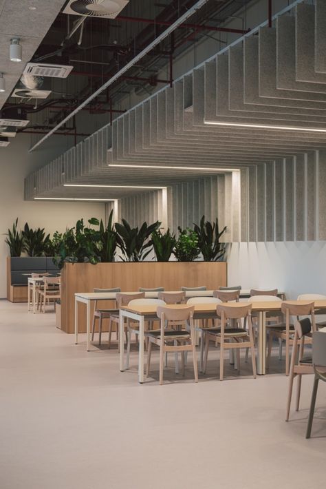 Corporate Office Cafeteria Design, Office Cafeteria Design, Canteen Design, Scandinavian Office, Office Cafeteria, Cafeteria Design, Office Canteen, Work Cafe, Acoustic Ceiling