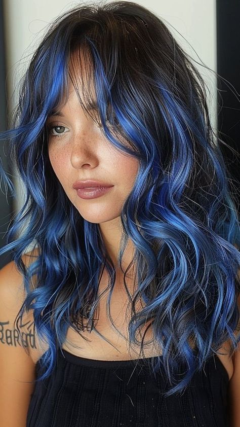 Blue Hair Haircut, Different Types Of Hair Coloring Styles, Light Blue Hair On Brown Skin, Red Blue Ombre Hair, Med Length Hair Color Ideas, Hair With A Pop Of Color, Blue Hair Designs, Darker Hair Ideas, Cool Ways To Dye Hair