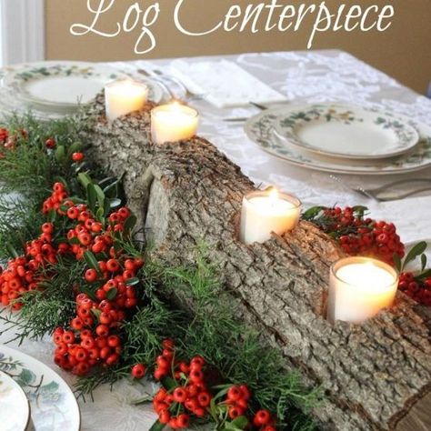 rustic log center piece  hometalk.com Solstice Traditions, Log Centerpieces, Christmas Table Decorations Centerpiece, Log Candles, Rustic Candle Holders, Christmas Tablescape, Rustic Candles, Navidad Diy, Christmas Decorations Rustic