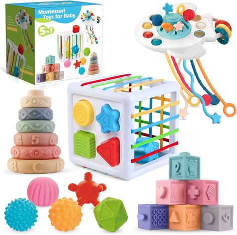 5 in 1 Montessori Toys for Babies 0-3-6-12 Months, Soft Baby Teething Toys, Sensory Bin Toy, Stacking Building Blocks & Rings for Infants,Developmental Toys for Toddler,Gift for Baby 12-18 Months Toys For Babies, Colorful Storage, Baby Teething Toys, Baby Teething, Stacking Blocks, Kids Gift Guide, Sensory Bin, Baby Blocks, Baby Soft Toys