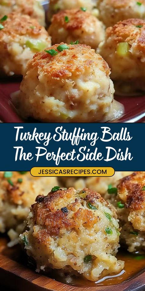 These easy Turkey Stuffing Balls are the perfect side dish for your Thanksgiving feast or any holiday meal! Packed with flavor and easy to make ahead of time. #turkeystuffingballs #stuffingballs #thanksgiving #sidedish #holidayrecipe Easy Turkey Stuffing, Thanksgiving Sidedish, Stuffing Balls Recipe, Turkey Appetizers, Thanksgiving Stuffing Recipes, Stuffing Balls, Shredded Turkey, Turkey Stuffing, Easy Turkey