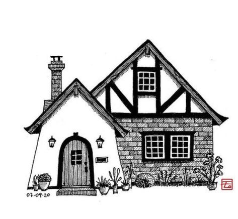 Cottage House Drawing Easy, Cottage Sketch Drawings, Simple Cottage Drawing, Cottage Sketch Simple, Cottage Drawing Easy, Small House Sketch, Brick House Drawing, Vintage House Drawing, Cottage Drawing Simple