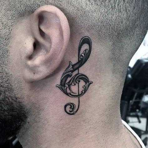 Decorative Music Note Mens Behind The Ear Tattoo Musical Notes Tattoo, Notes Tattoo, Best Neck Tattoos, Music Notes Tattoo, Tatuagem Masculina Pequena, Side Neck Tattoo, Music Note Tattoo, Back Of Neck Tattoo, Music Tattoo Designs