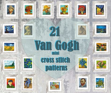 Set of 21 Van Gogh Mini Cross Stitch Patterns Mini masterpieces Starry night, Modern cross stitch bundle, Tiny famous paintings, Beginner This item includes 4 zip files contain 21 cross stitch patterns. All patterns was tested by Pattern Keeper. All pattern contains four different diagrams. Average completed size: ● Grid Size: 50 x 60 Stitches ● DMC Colors: 11 -16 ● Fabric: Aida 14 count ● Design Area: 3.57 x 4.29 inches or 9.0 x 10.8 cm ● Fabric: Aida 16 count ● Design Area: 3.12 x 3.75 inches Mini Cross Stitch Patterns, Small Cross Stitch, Famous Paintings, Van Gogh Art, Mini Cross Stitch, Mini Cross, Modern Cross Stitch Patterns, Famous Art, Cross Stitch Patterns Free