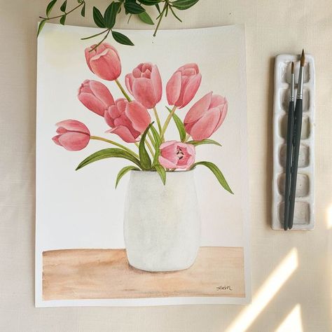 Pink Tulips Floral Still Life Original Watercolor Painting. 12 x 9. Unframed. Tulips In A Vase, Vase Painting, I Love Flowers, Textured Watercolor, Tulip Painting, Watercolor Tulips, Art Painting Tools, Floral Still Life, Paper Note