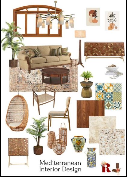 Mediterranean Tropical House, Mediterranean Interior Design Style Mood Board, Meditteranean Home Interior, Mediterranean Bohemian Interior Design, Colourful Mediterranean Interior, Modern Mediterranean Mood Board, Mediterranean Moodboard Interior Design, Meditteranean Interior Design, Meditteranean Interior