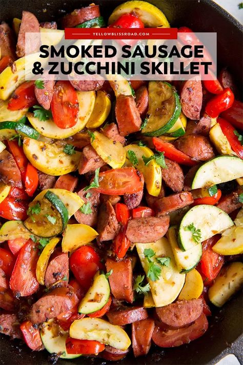 This Smoked Sausage and Zucchini Skillet has loads of flavor and veggies for a quick 20 meal! Serve over rice or pasta for a dinner to satisfy everyone! Smoked Sausage Zucchini Pasta, Kielbasa And Tomato Recipes, Polish Sausage And Zucchini Recipes, Low Calorie Smoked Sausage Recipes, Squash And Smoked Sausage, Smoked Sausage Zucchini And Squash, Kielbasa Zucchini And Squash, Zucchini Squash And Sausage Recipes, Kielbasa And Squash Recipes