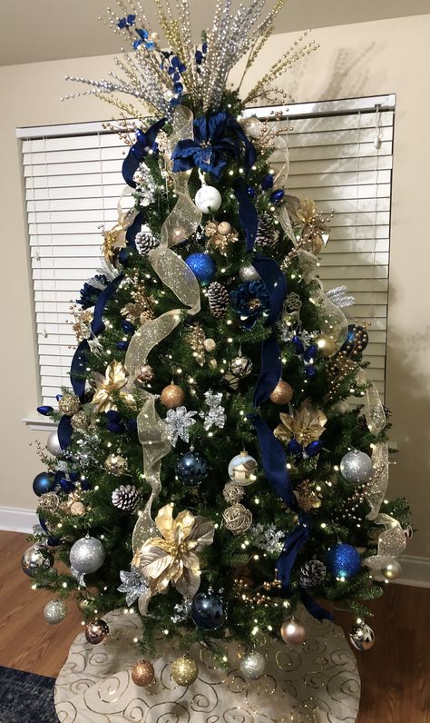 Christmas Tree With Blue And Silver, Christmas Tree Blue Silver And Gold, Blue Decoration Christmas Tree, Christmas Tree Ideas Silver And Blue, Christmas Tree Decorations Blue And Gold, Gold Blue Silver Christmas Tree, Navy Gold And White Christmas Tree, Blue Christmas Tree Ideas Color Schemes, Christmas Tree With Blue Ribbon