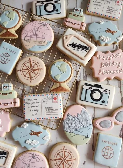 Map Cookies Decorated, Travel Theme Strawberries, Oh What A Onederful World, Travel Theme Cookies Royal Icing, Travel Theme Cupcakes Ideas, Travel Cookies Ideas, Travel Cupcakes Ideas, Suitcase Cookies Decorated, Travel Bridal Shower Cookies