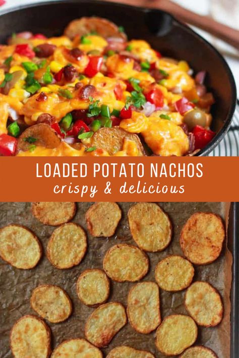 Roasted Potato Nachos, Steak And Potato Nachos, Loaded Potato Chip Nachos, Potato Wedge Nachos, Potato Nachos Vegan, Potato Nachos Air Fryer, Potato Wedges Loaded, Potatoe Nachos Recipe, Smashed Potato Nachos