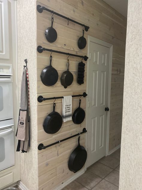 Cast Iron wall in kitchen using a white wash stain to match my white cabinets. I love it!! Wall In Kitchen, White Wash Stain, Kitchen Wall Storage, Iron Recipes, White Shiplap Wall, Cast Iron Wall, Shiplap Wall, Cast Iron Recipes, White Shiplap